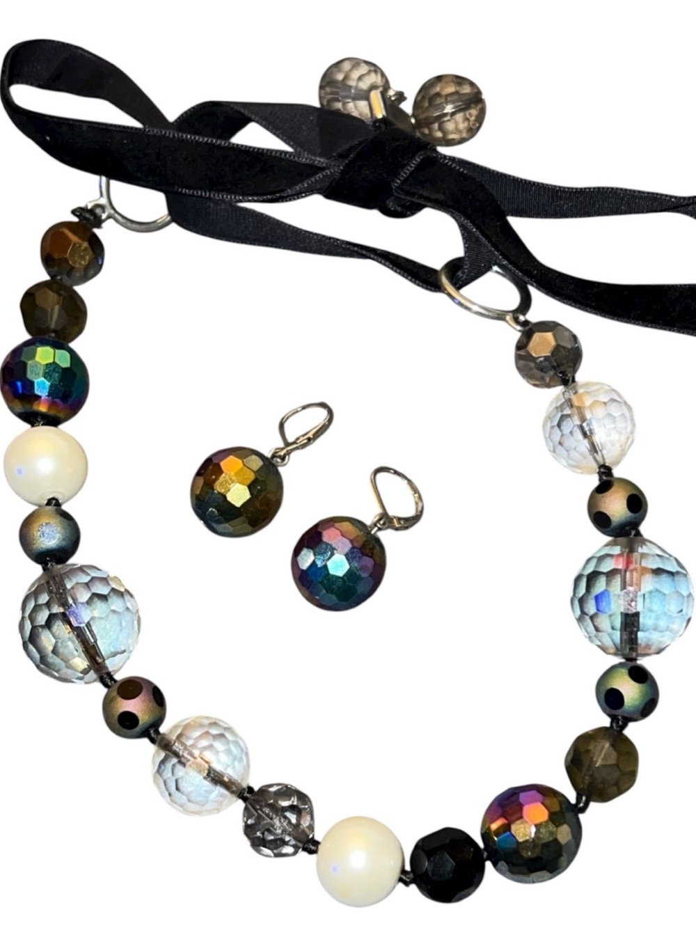 AB Crystal Glass Bead Black Ribbon Bow Necklace and Leverback Earring Set